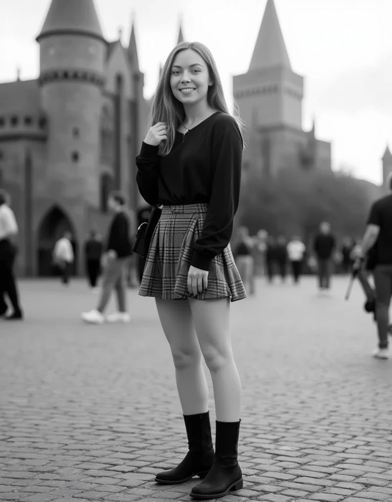Annasophia Robb,bridge to Terabitia,short blonde hair,talented young actress,beautiful smile,pale skin,girl from the movie bridge to Terabitia,thin model,12-year-old, black shirt with long sleeves, cat print, teen, black skirt,comfortable arm warmers,(best quality,4k,8k,highres,masterpiece:1.2),ultra-detailed,(realistic,photorealistic,photo-realistic:1.37),HDR,UHD,studio lighting, vivid colors,soft lighting,magical atmosphere, detailed face, sitting on the bridge.