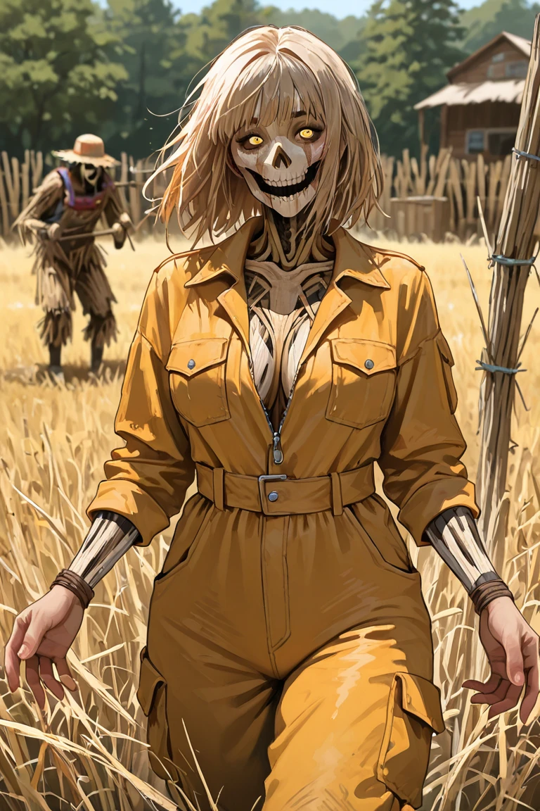 woman, large breast,farmer clothes, straw hat, cotton shirt, short jeans, double braid hair, blonde hair, exposed waist, white top, slender, zombified