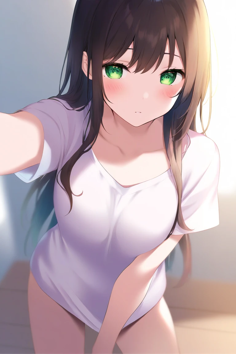 The girl with long brown hair and green eyes, wearing casual clothes, stretched out her hand as if to take him to a room in the house.