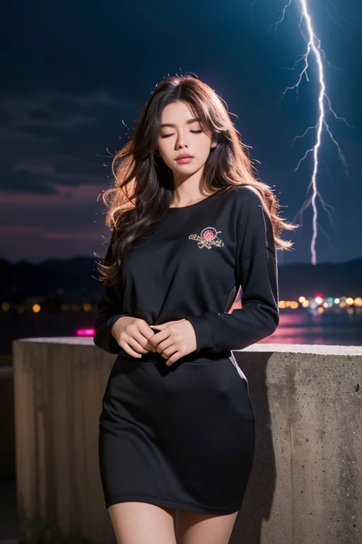 ((midynight, Acura, 8K, tmasterpiece: 1.3)), full bodyesbian, long leges, Focalors: 1.2, perfect figure beautiful woman: 1.4, Slim abs: 1.1, (dark brown hair,: 1.2 )), (Purple tight T-shirt, short skirt,sitting on a stool: 1.2), (city night scene, the roof: 1.3)), Highly Detailed Face and Skin Textur, detailedeyes, 二重まぶた,