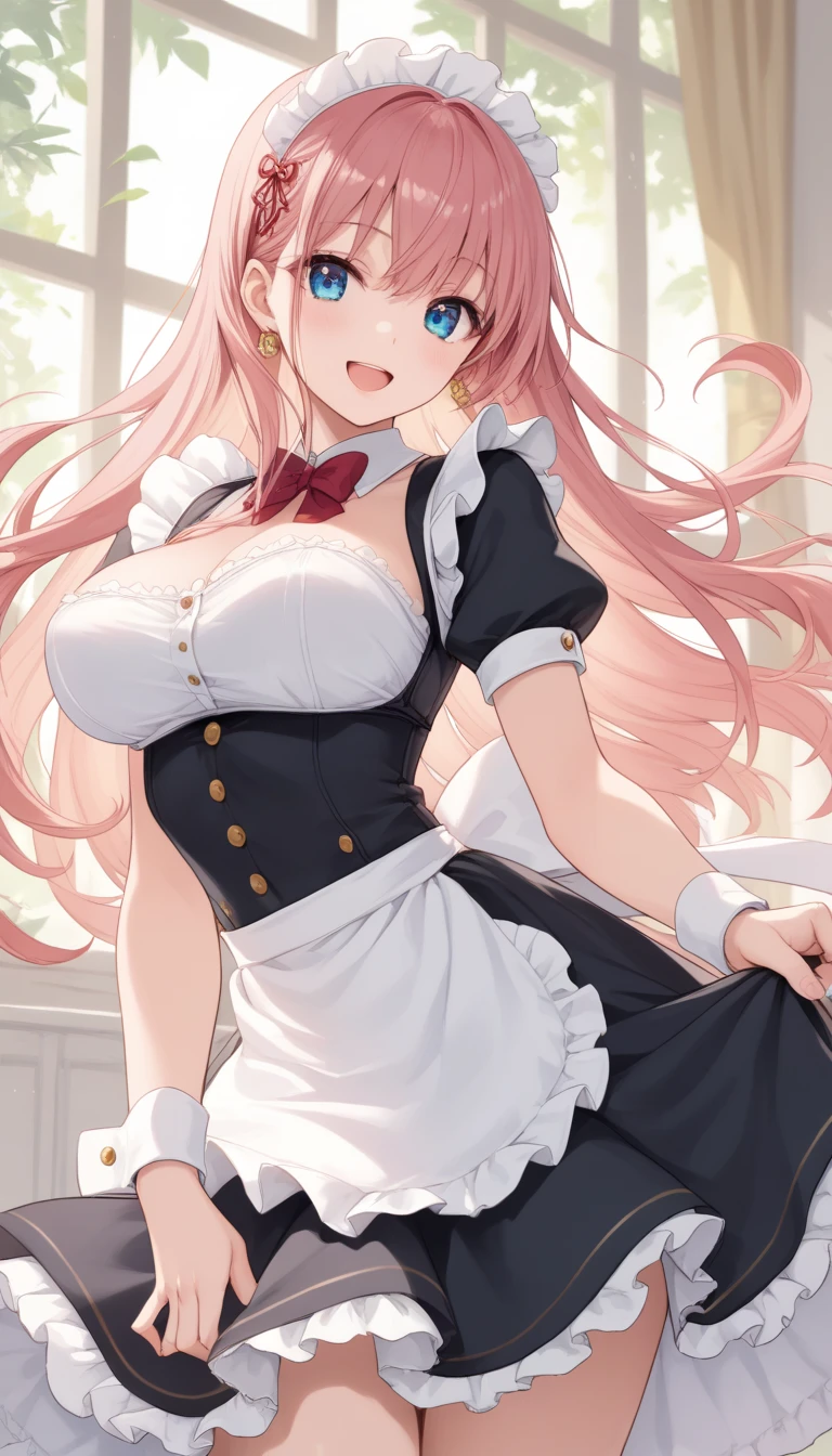 Masterpiece、Highest quality、Super detailed、1 girl、(Big Tits)、Fluffy and soft long hair、Red-pink eyes、Cleavage、(Showing undermile、Too big breasts、Pale pink hair、Maid clothes、Belly button、A room in the palace、Grabbed by the chest