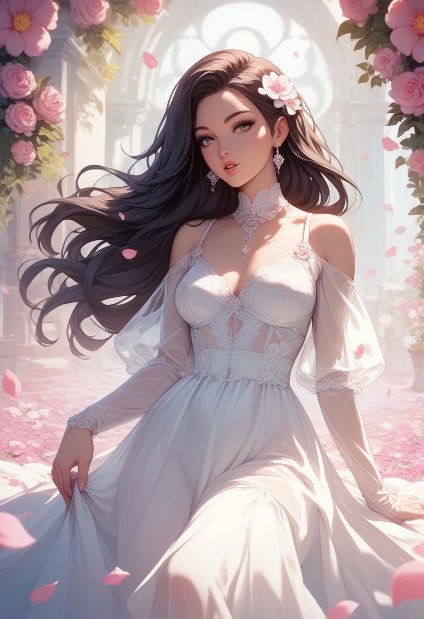 (extremely detailed 8k wallpaper), masterpiece, dark theme, adult theme, adult woman front, wearing white medieval european ball dress holding a white rose, blood-stained dress, wearing feathered prom mask, green eyes centered looking forward, tongue running over lips dripping blood, mischievous look, Christina Ricci's face, long black hair,  pale skin