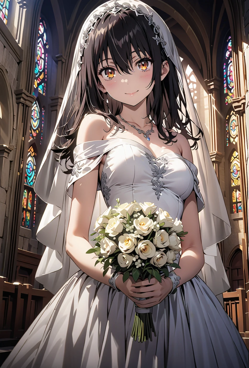Black Hair Medium Hair、smile、Huge 、Light Blue Prom Dresses Mini length、Black lace pattern Arm Covers、Veil tiara、ring earrings、church Stained glass、Holding a yellow bouquet、Looking up