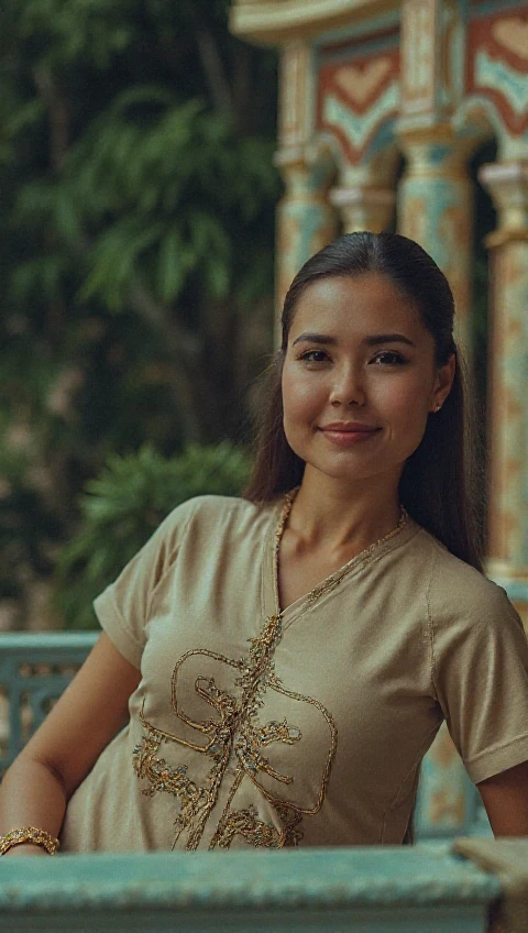 (best quality,4k,8k,highres,masterpiece:1.2),ultra-detailed,(realistic,photorealistic,photo-realistic:1.37),foto,portrait of 35-year-old woman,belonging to,sexy plump body,photo with sensual and seductive expression face, wearing a sexy balinese white kebaya and knee-lenght batik sarong, with a background of traditional Balinese house,Balinese traditional house,traditional Bali house,brightly colored,ornate building,garden surrounding the house,traditional Balinese architecture,tropical plants,green and lush,decorative Balinese entrance gate,artistically carved wooden door,affectionate expressions,detailed facial features,beautiful detailed eyes,beautiful detailed lips,extremely detailed eyes and face,long eyelashes,vivid colors,Balinese color palette,warm tones,tropical hues,multi-generational family,happy and harmonious atmosphere,Nyepi decorations,Balinese arts and crafts,religious motifs,Frangipani flowers,floral offerings,Balinese culture,authentic Balinese atmosphere,peaceful ambiance,generational bond,joyful memories,love and togetherness,memorable family time,family heritage and tradition.