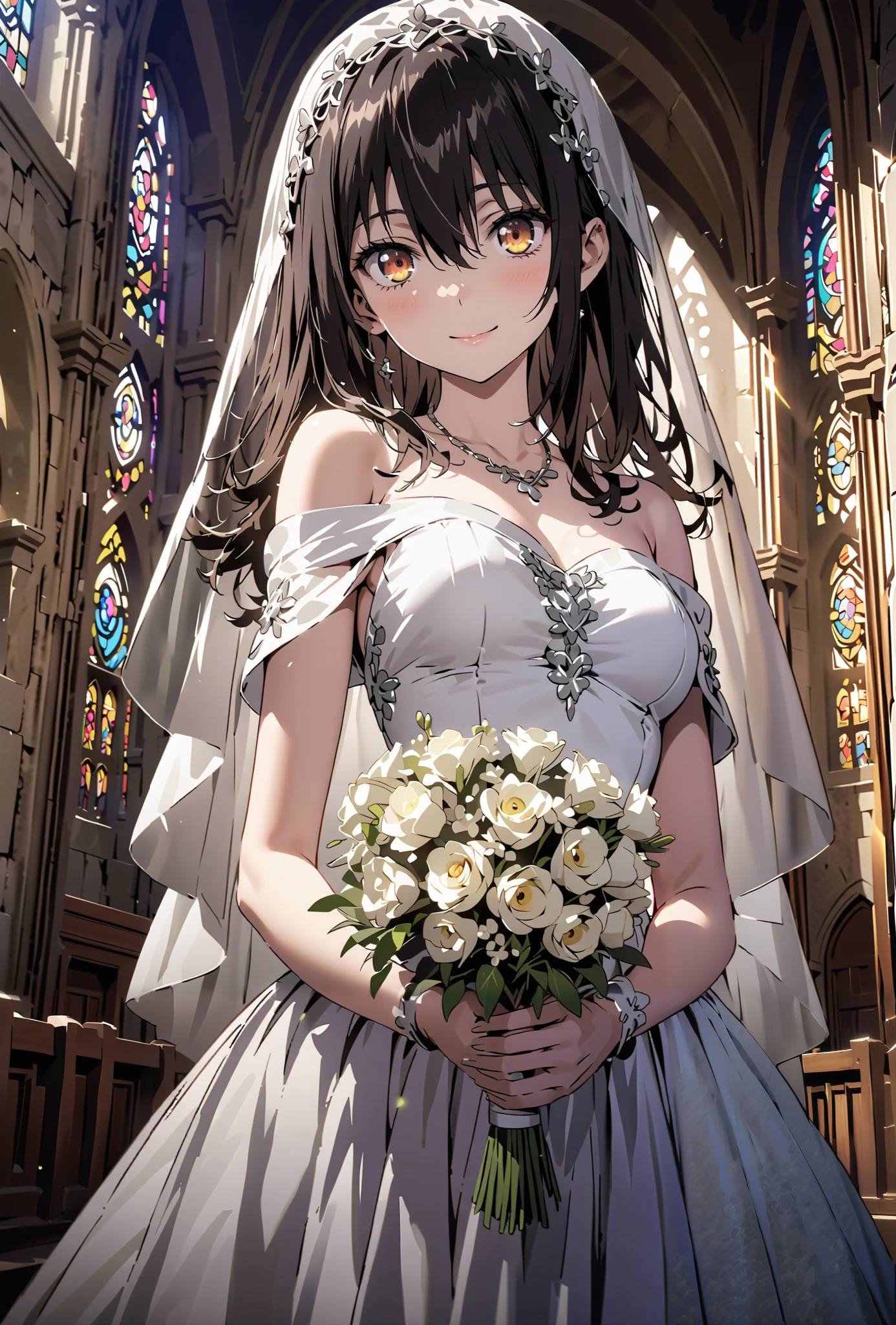 Yukina Himeragi, medium hair, black hair, brown eyes,smile,cover,close your mouth,Medium breast,necklace,Veil,Off Shoulder Wedding Dress,Short sleeve,wedding long skirt,holding a bouquet of flowers with both hands,bouquet,standing,stained glass,full body,がillustrationに入るように,break indoors, Chapel,church,
break looking at viewer,full body,
break (masterpiece:1.2), best quality, high resolution, Unity 8K Wallpaper , (illustration:0.8), (beautiful detailed eyes:1.6), Highly detailed faces, perfect lighting, extremely detailed CG, (perfect hand, perfect anatomy),