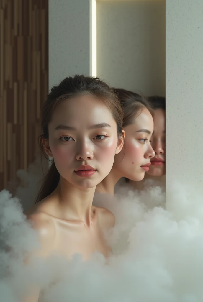 ((top quality, 8k, masterpiece: 1.3)), women (wearing white swimsuits, wearing white bucket hats of towel fabric, inside_sauna: 1.3), in the sauna room, sweating, reddish warm room, overhead camera, sharp focus: 1.2, cute women: 1.4, (((layered haircut)), (white shirts), Highly detailed face and skin and hair texture, detailed eyes, double eyelids, white skin, beautiful legs, beautiful delicate nose, brown hair, cute young Japan woman, 28 years old, with a bath towel wrapped around the body, at a dynamic angle, pleasant to the eyes, while highlighting the subject's hair, eyes, mouth and action, while exuding melancholy emotions, characterized by a contrasting mix of calm tones and light and shadow, It is a thought-provoking composition.