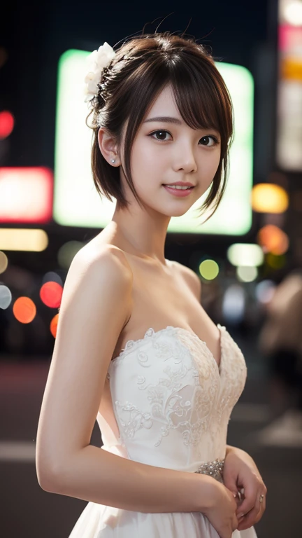 masterpiece, 8K, photorealistic, optimal ratio, detailed face, ((audience monitoring)), , realistic, well-shaped bust, slender body, Photo with upper body facing forward, Detailed and beautiful hair, fine skin, RAW color art, diffused soft lighting, sharp focus, cinematic lighting、smile、bride in bra、18-year-old、beauty of japan、short hairstyles、Night view of Ginza、blur the background、upper body photo、wearing white panties、perfect face、perfect body line、professional fashion models、