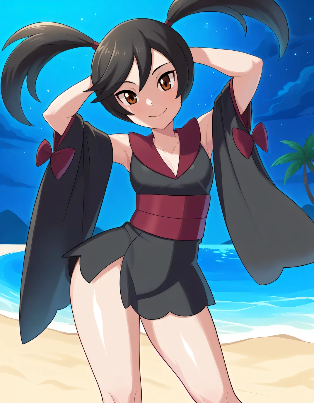 furikali, twintails, black_hair, hair_tie, brown_eyes, japanese_clothes, kimono, black_kimono, sash, wide_sleevees, kneehighs, shiny skin, high quality, solo, night sky, beach, hands behind head, ((contrapposto)), closed mouth, cowboy shot, looking at viewer, smile, best quality