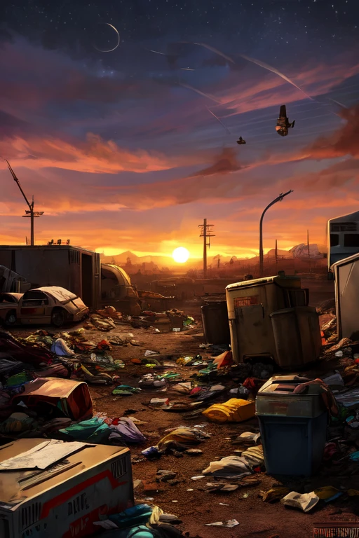 Ruined cities, apocalyptic scenes, dusk sun, deserted streets piled with garbage and plastic bottles, Ferris wheels in the distance turned into waste, and collapsed buildings, broken buildings, a bleak backdrop.