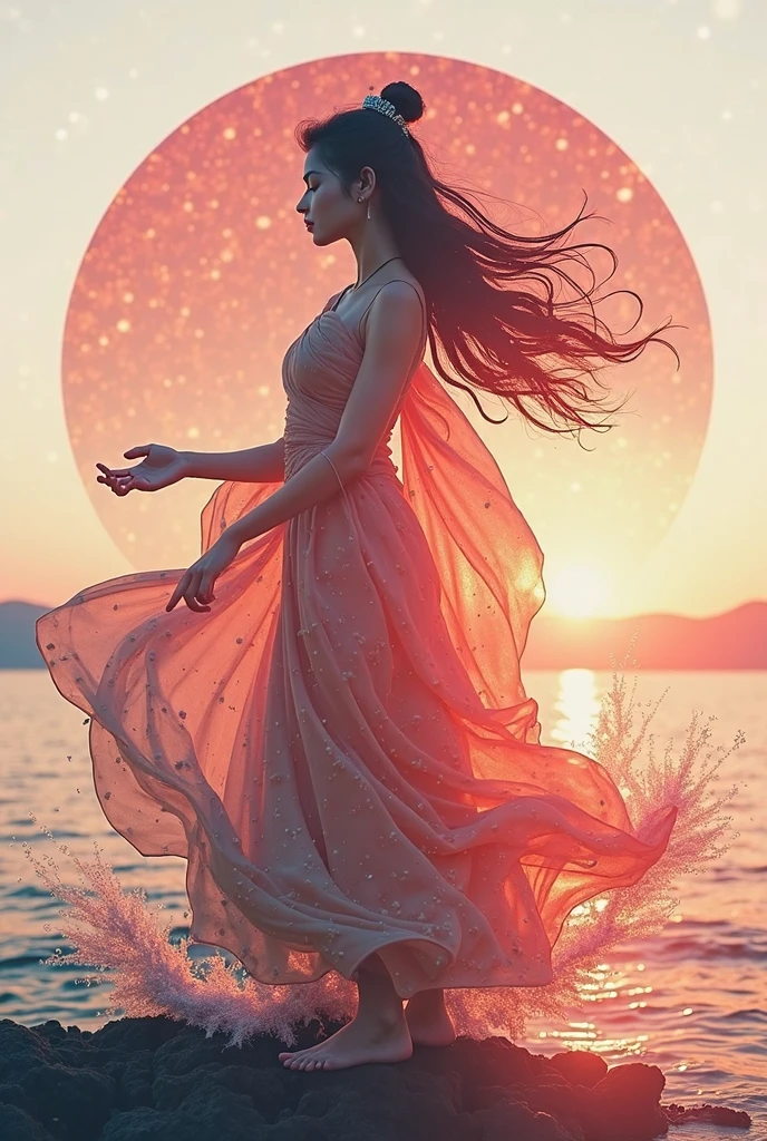 high quality,8k ultra high definition,美丽的Doubleexposure,Combining the silhouette of the goddess with the sunset coast, sunset coast should be used as the bottom background,Details are integrated into the silhouette of the goddess,Clear lines,The background is a monochromatic ,Focus sharp,Doubleexposure,Created by yukisakura,Gorgeous full color