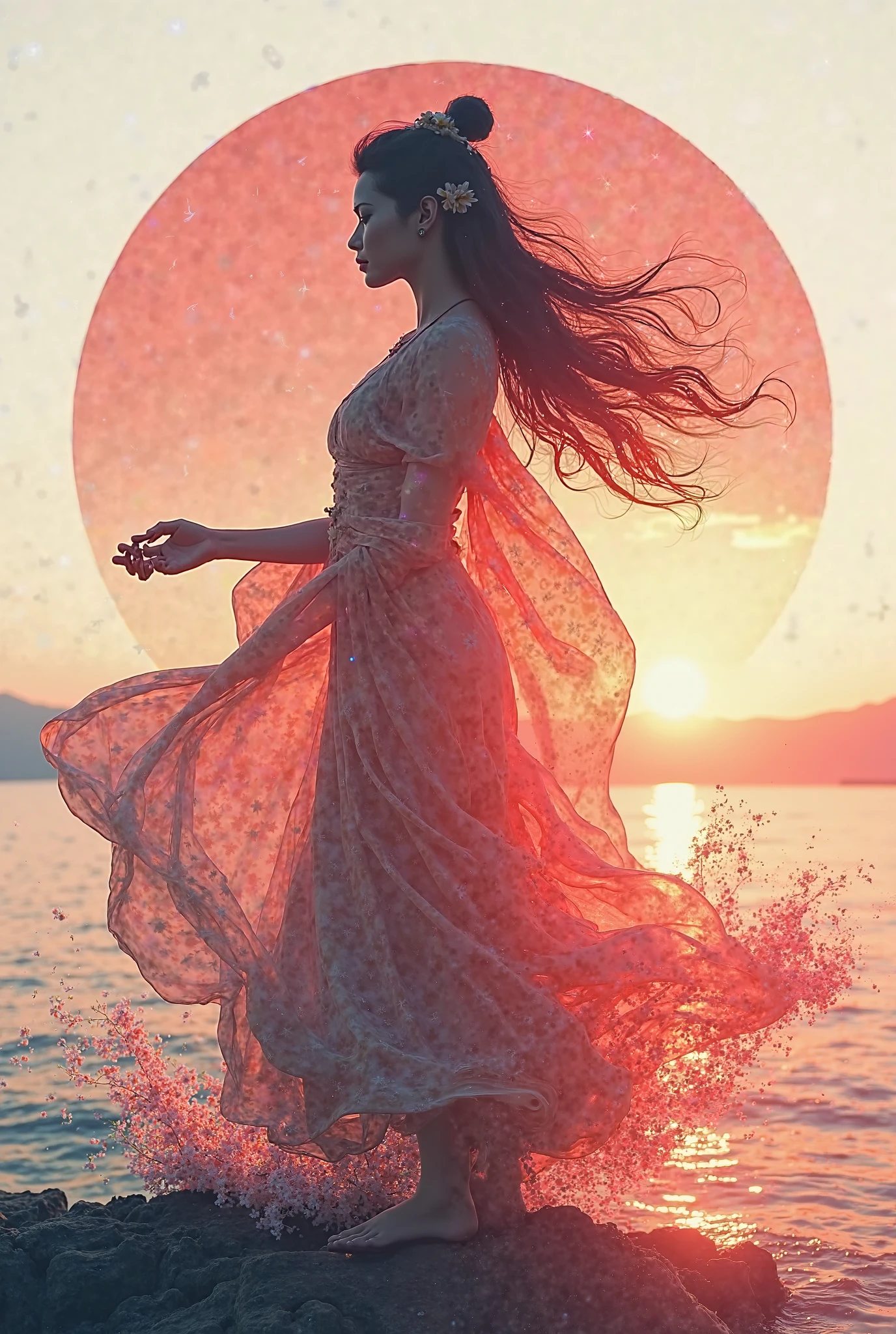 high quality,8k ultra high definition,美丽的Doubleexposure,Combining the silhouette of the goddess with the sunset coast, sunset coast should be used as the bottom background,Details are integrated into the silhouette of the goddess,Clear lines,The background is a monochromatic ,Focus sharp,Doubleexposure,Created by yukisakura,Gorgeous full color