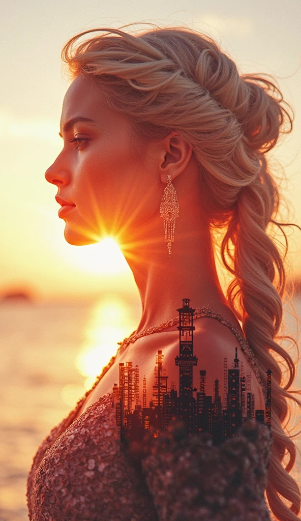 high quality,8k ultra high definition,美丽的Doubleexposure,Combining the silhouette of the goddess with the sunset coast, sunset coast should be used as the bottom background,Details are integrated into the silhouette of the goddess,Clear lines,The background is a monochromatic ,Focus sharp,Doubleexposure,Created by yukisakura,Gorgeous full color