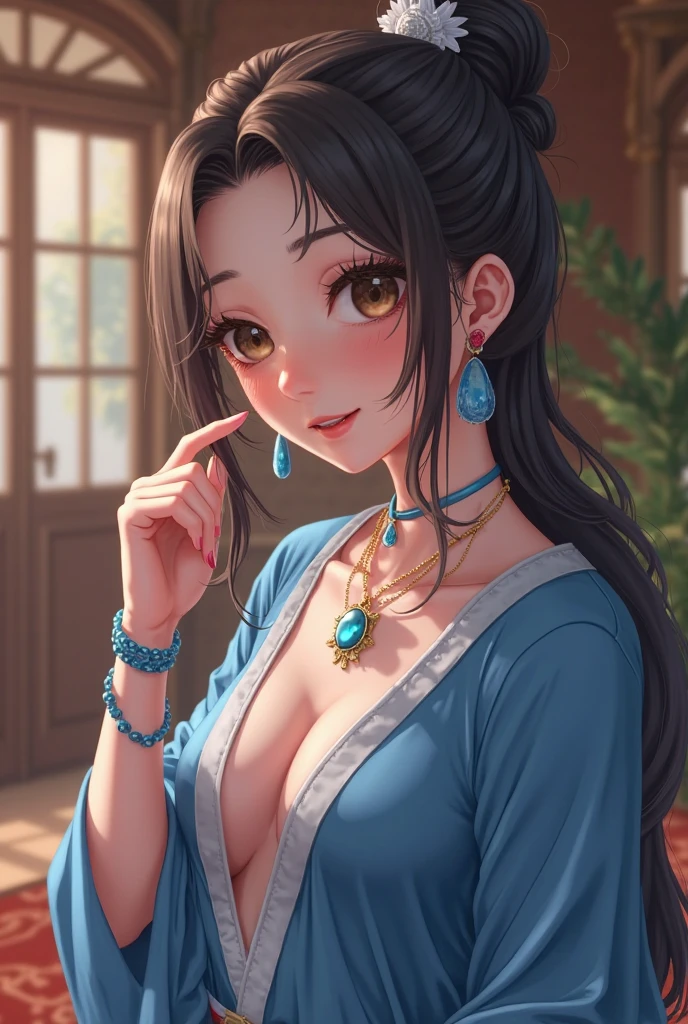Renoa, blue duster, blue wristband, A half body, Smile , Holding the necklace, Incredible Masterpiece , Ultra-realistic 8k CG, Perfect Artwork , Seductive pose, posture, Tempting, Clean, Pretty Face, Pure face, pale-skinned, Intricate Details, reputation, a gorgeous, Luxury, Fancy Ballroom