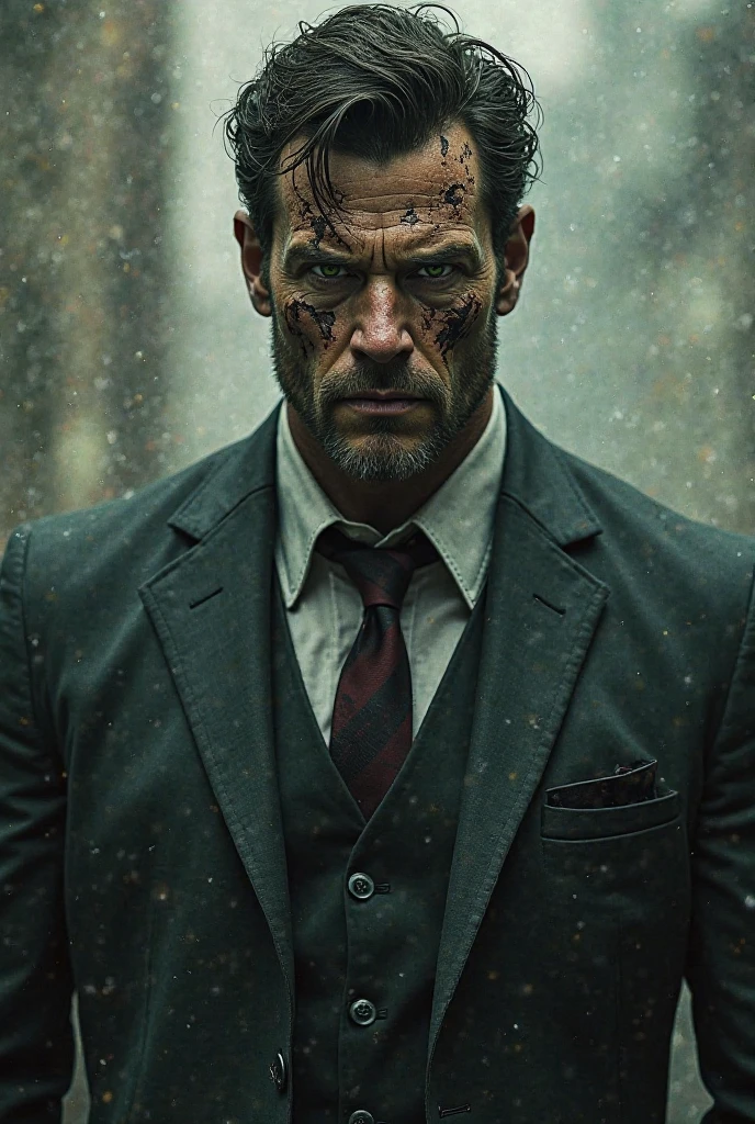 photorealism, hyperrealism, cinematic, A stunning street style portrait of a rugged post-apocalyptic, of  Harvey Dent as TWO-FACE, divided face: on one side showing the anatomy of the skeleton and tendons, on the other side, the normal face.  flipping a coin,  braving the elements. Dressed in traditional costume with military camouflage details with a worn texture, he stands against a desolate urban backdrop. Rain falls, creating a cinematic atmosphere as the drops hit the surface of the coat. Intricate details such as patched repairs and buckled straps accentuate the character's resilience and resourcefulness. The scene is captured in a high-contrast, emphasizing the interplay of light and shadows.
