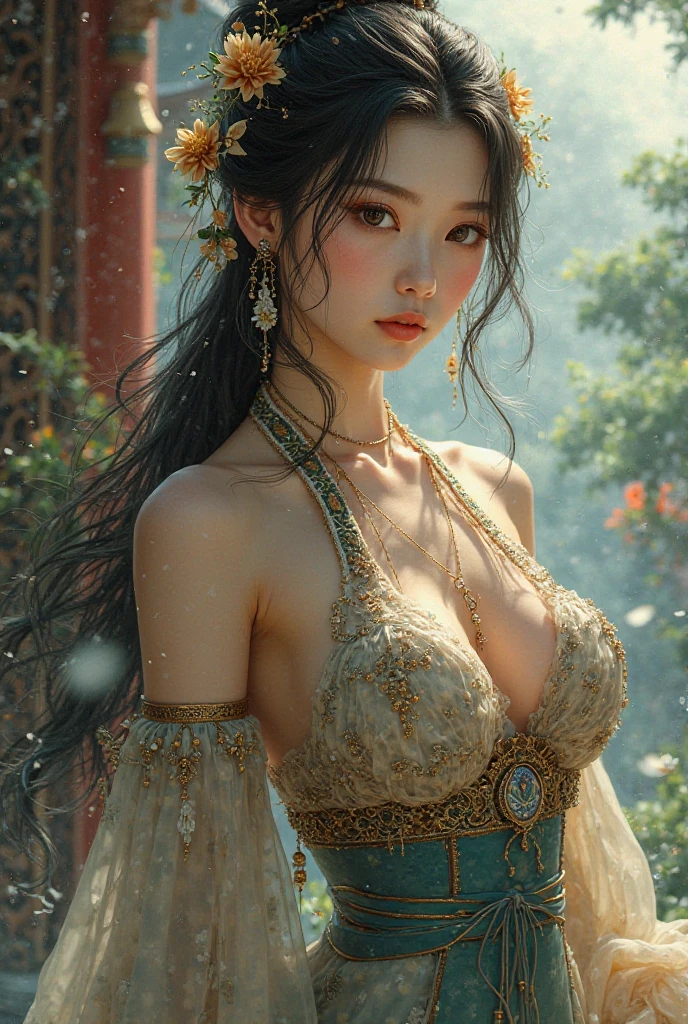 ((Realistic:1.5)),Ulzzang-6500:0.7,((Best quality)), ((Masterpiece)),((Detailed)),2girls,duo,{2 beautiful women}, (Upper body:1.3),Hug and touch each other, Tease your friend's waist, Breathless friends, Biting a friend's earlobe, crouched,super wide shot,Face focus, Long legs,Curvy, Barefoot,Wide hips, Thin legs, Oversized eyes,Long eyelashes, (Detailed face,beautidful eyes, detailedpupils,detailed clothes features, Clear background:1.3), (armlets, bangle:1.3), Mysterious ancient ruins, floresta exuberante, Deep canyon,bridge,River,cliff,Cloud,lakes,Rock music,Waterfalls, Flowers, Grass,grape trees,tree,bright detail,Sharp,Perfect compounding, Intricate, Sharp focus, Dramatic,