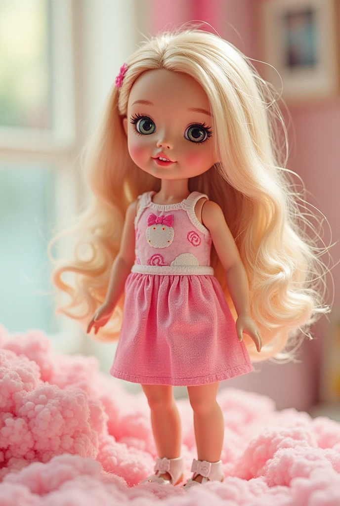 Beautiful, young white , long blonde hair tied in a ponytail, natural blue eyes, brightly smiling, nude, in a littedroom with a lot of stuffed animals, posing in the style of a Playboy magazine cover, picture emphasizes her youth and beauty
