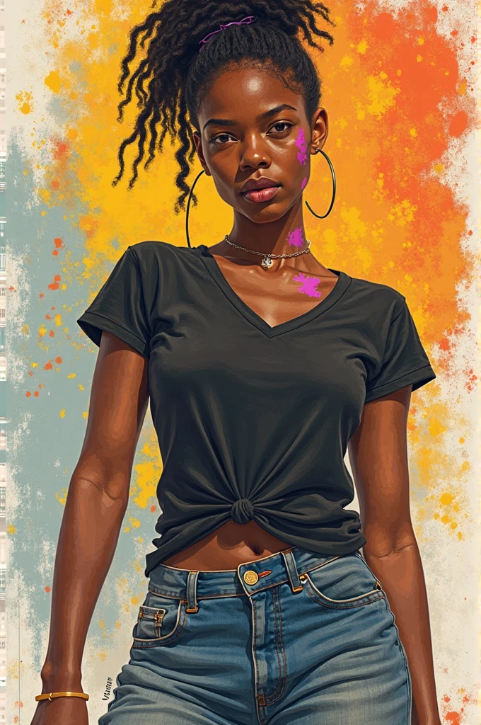 Chris Ellis style oil painting (Enthusiast), A work depicting an attractive 28-year-old woman with an afro., Slender body, A unique sense of style. The brushwork is dynamic and energetic., reflecting the urban art influences of Enthusiast's work. A woman stands with her back straight, Painted with the whole body, Exudes confidence and strength. She is wearing a white tank top, Blue Jeans, And plain sneakers, Casual yet stylish appearance. The artist emphasizes the natural beauty of the characters, Bright colors and bold lines accentuate her radiant skin and graceful silhouette.. With a serious expression and a concentrated gaze, She aims her assault rifle, embodying determination and resilience. The favela landscape has been transformed into a vibrant urban landscape., Graffiti-covered walls and busy streets. The artist incorporates elements of abstraction and street art., Add depth and visual interest to your composition. This painting captures the essence of Chris Ellis。 (Enthusiast) Jenny Saville, Aesthetics of urban art and the life of the subject々A fusion of simple and powerful depiction. It's a testament to the strength of the character., resilience, and an unwavering commitment to the community..