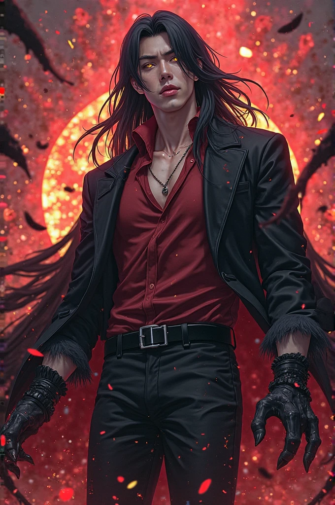 1 man, old man, upper body shot, a man casting fire, eyes glowing red, black sclera, crimson eyes, white skin, short beard, muscular, hunk, curtain hairstyle, black hair, shoulder long hair, turn head pose, hades style, dragon warrior, mythical fire, red scales, claws, fantasy world, red dragon, best quality:1.2, masterpiece, high resolution:1.2, big bright green trench coat, black shirt, cargo pants, high camera angle, contrast shadow, contrast lighting, flat style, game card pose