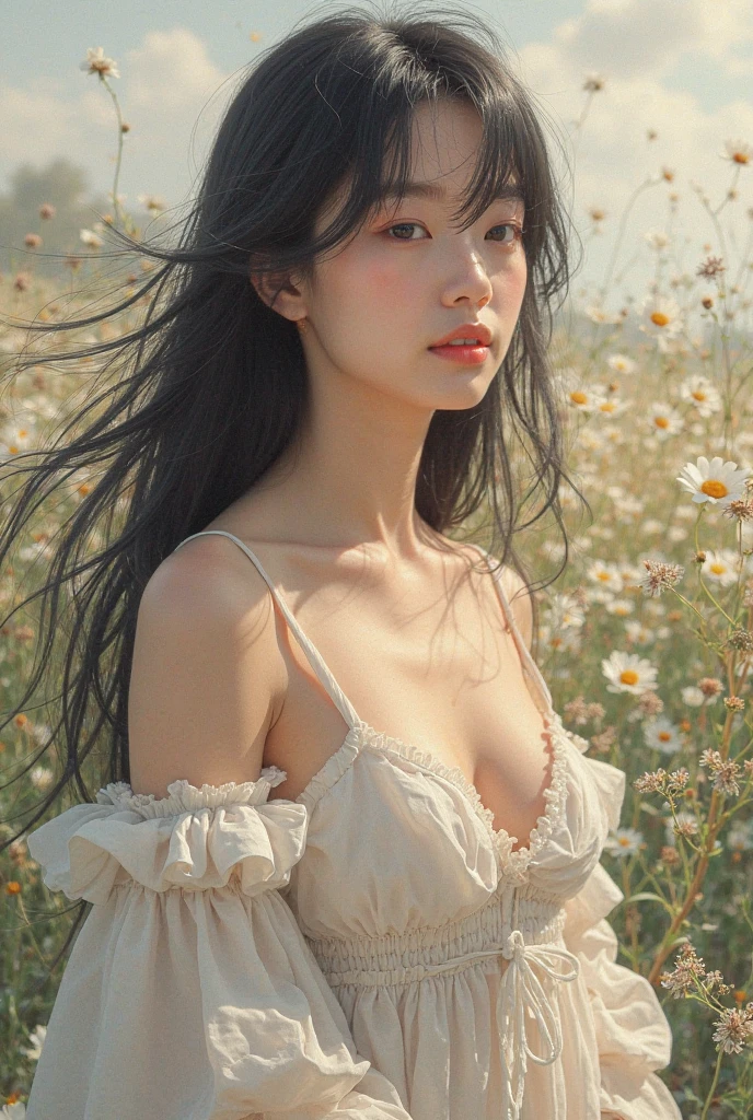 Best quality, masterpiece, ultra high res, waist up, photorealistic, Beautiful girl, girl at the flower field, mountains, detailed eyes, detailed, pale skin, bokeh