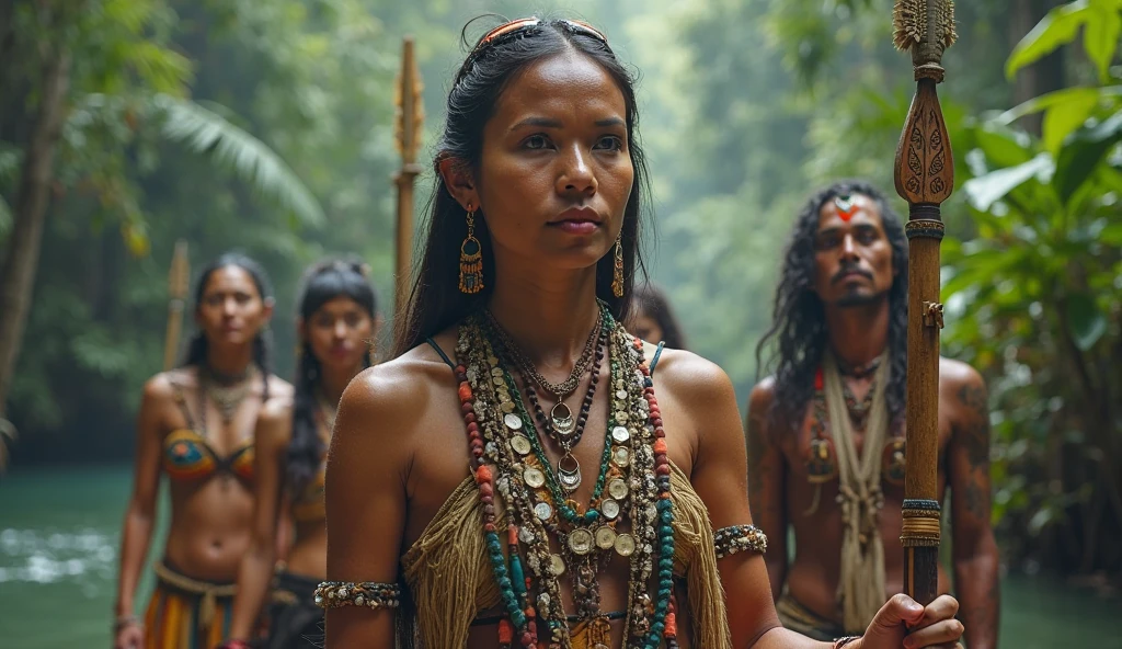 Kira has blonde shaved hair, dressed as an Inca queen in a fashion photoshoot, she is sitting on a throne in the middle of a rainforest, with macaws on the scene, your Inca servants are greeting the queen