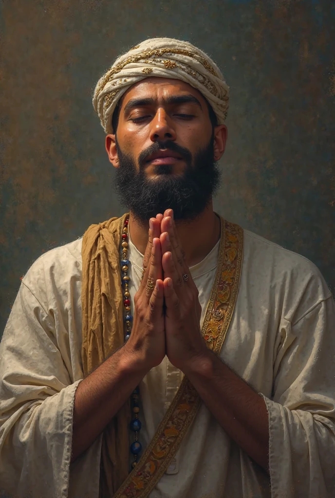 beard muslim man,raising palm hands opposite to ears