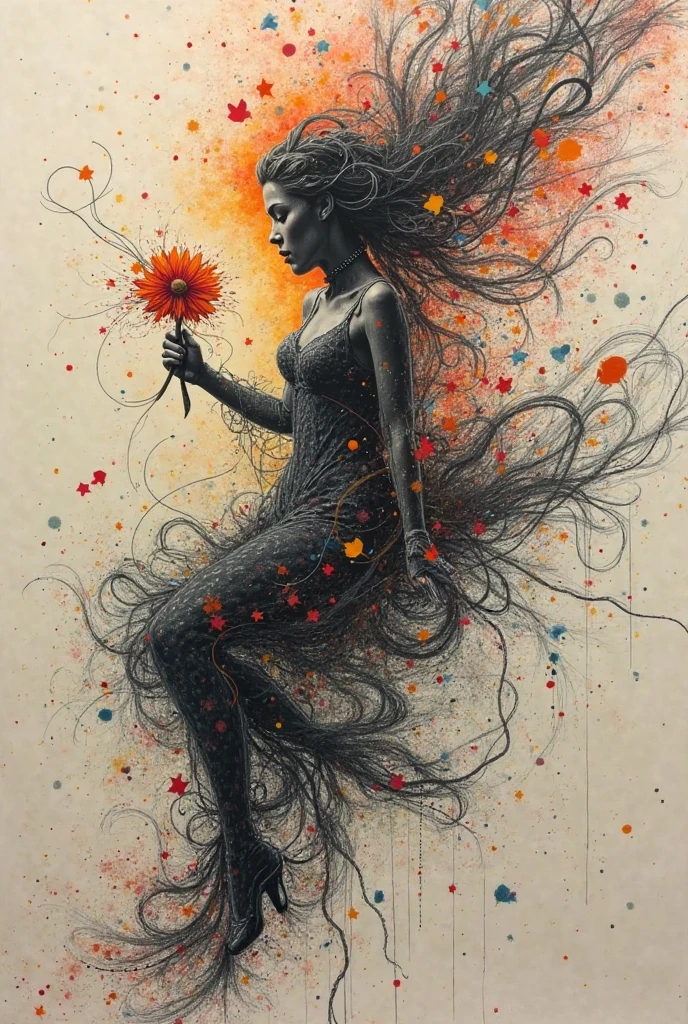 chaos, posh, bright coloured, art by Anne Bachelier, atmospheric, uma flor posh, butterflys, blooming flowers, In Motion, dramatic, fully body, organic composition