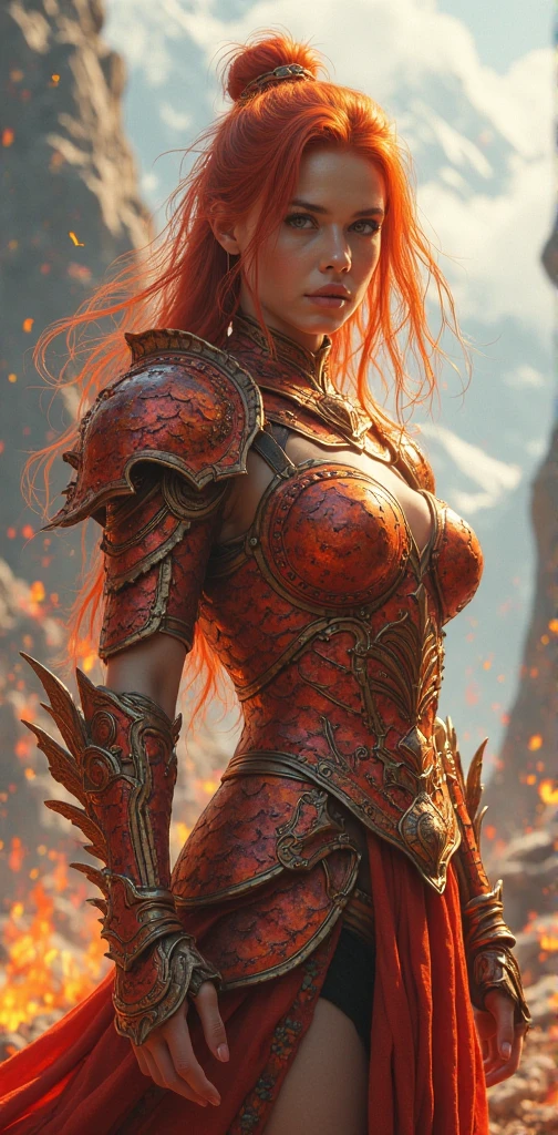 Create an image of a tall, muscular woman wearing gleaming plate armor. Her skin is fair and unblemished. (She has fiery red hair, cropped short in a practical style, and piercing blue eyes filled with wisdom and determination:1.5). The armor covers every inch of her body, leaving only her hands and face exposed, and is adorned with intricate etchings and filigree. On her chest, the symbol of Torm - a hammer surrounded by a circle - is prominently displayed. She moves with surprising agility and precision, radiating strength and grace. (SFW:1.5)