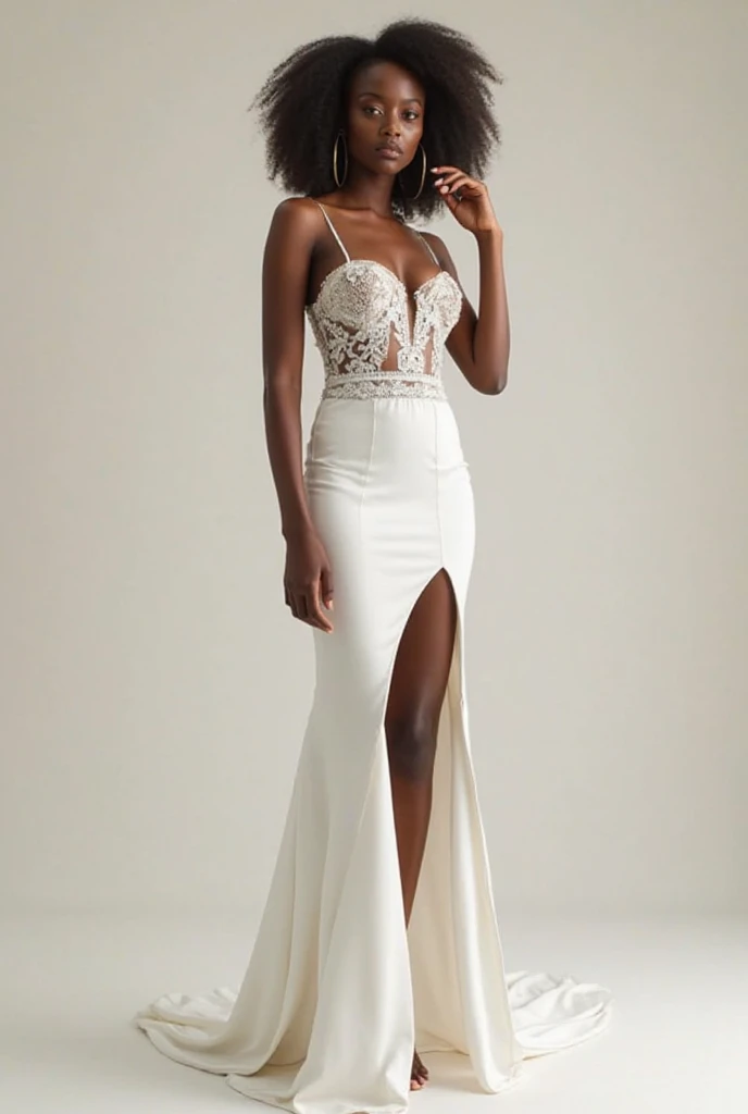 The body of the dress is ivory silk. The model has breasts and hips. Remake the dress so the skirt of the dress is in silk. Woman’s measurement is
Hips :41
Bust: 36
Waist: 29
Height: 5’3
The gloves stop at the elbow. The dress strap clasps at the nape of her neck in a 3D flower. Show the back of the dress completely bare.
Create an Ivory Silk wedding dress cut on bias in a column style. It has a plunging neckline with beaded mesh tulle on the bodice area going up to tie around the nape of the neck in a 3D flower. The back is bare up to the waist. There is a small train. The train is inserted under the silk dress and it is the same fabric as the beaded mesh tulle on the bodice. The gloves are also the same fabric as the beaded tulle in a lightweight mesh. The woman wearing the dress is black, dark skin, 5’3, but with slight curves. Her hair is in a coily Afro and she has a flower crown made of baby’s breath