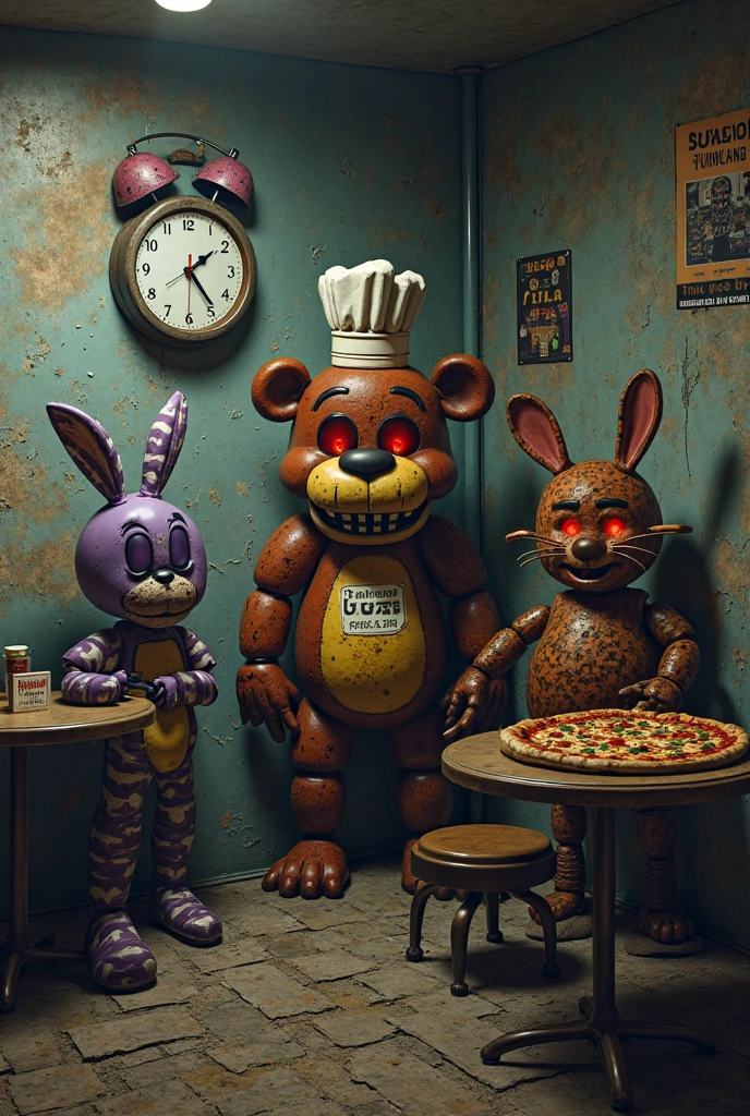 A half-abandoned pizzeria with Freddy Fazer Pizza&#39;s written on top,This pizzeria has three large animatronics on stage singing, a bear with a microphone and a top hat called Freddy.,a purple rabbit with a guitar named Bonnie and a yellow chicken named Chica holding a cupcake