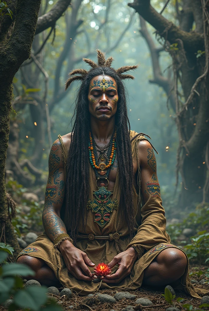 Imagine a shamanic tribal man meditating in a magical, shadowy forest --auto --s2
