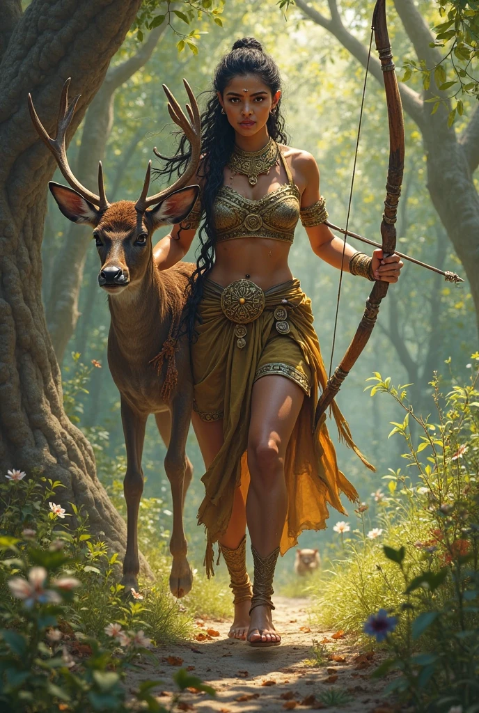 Greek Goddess Artemis holding a bow with animals front view half body