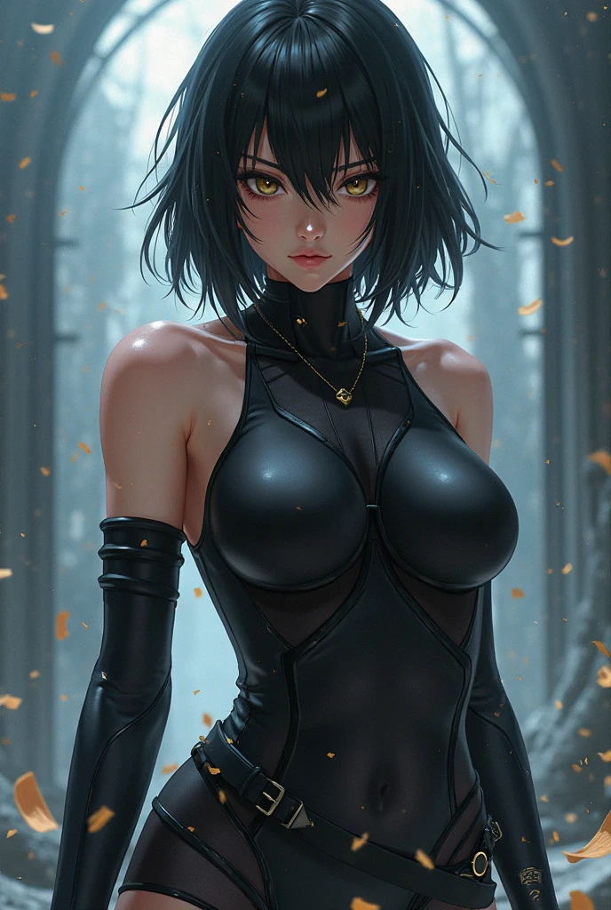 a woman made of shards of black obsidian glass. Her skin is completely made of black obsidian glass. She is a black crystal elemental.