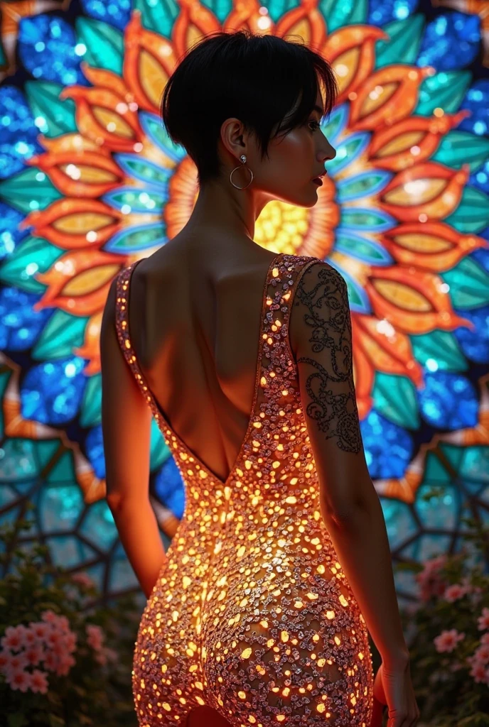 (masterpiece, Best Quality), 8k,(((Very detailed))), race:1.8,Super intricate race pattern, colorful race pattern, Stained Glass Background Transparent Body, Mandala,Light up,cold, 1 female,Open back, 1、Japanese, Photo of Lee Jae, Tumbler, sultry body with セクシー belly, , like々Sensual elegance, Sexy Body, Sexy Appearance, Very short hair、Shooting with the city's night view in the background、 Intelligent face、Small waist、Large Breasts、Drooling from the mouth、Laugh a little、EOS 50ｍｍ F2, Blur the background、Photographed from the front、Facial lighting、whole body、