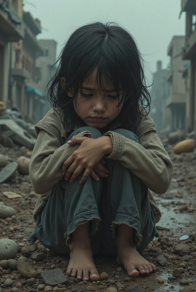 A sick landmine girl　crying

