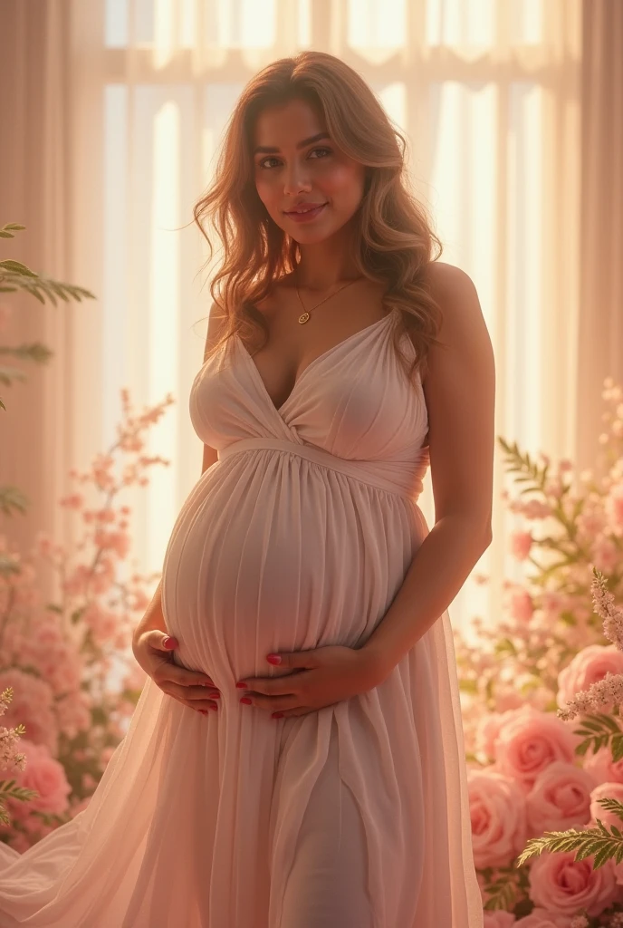 pregnant woman in a white dress posing for a photo , standing in front of floral wall, maternal photography 4 k, floral painted backdrop, floral art novuea dress, romantic gown, flowing gown, soft elegant gown, full length view, wearing a flowing dress, stunning ivory dress, wearing stunning ivory dress, wearing long gown, ruched bodice, wearing ivory colour dress, seraphine, beautiful clorful backdrop , gown, flowing dress, pregnant, dressed beautiful gown, maternity feeling