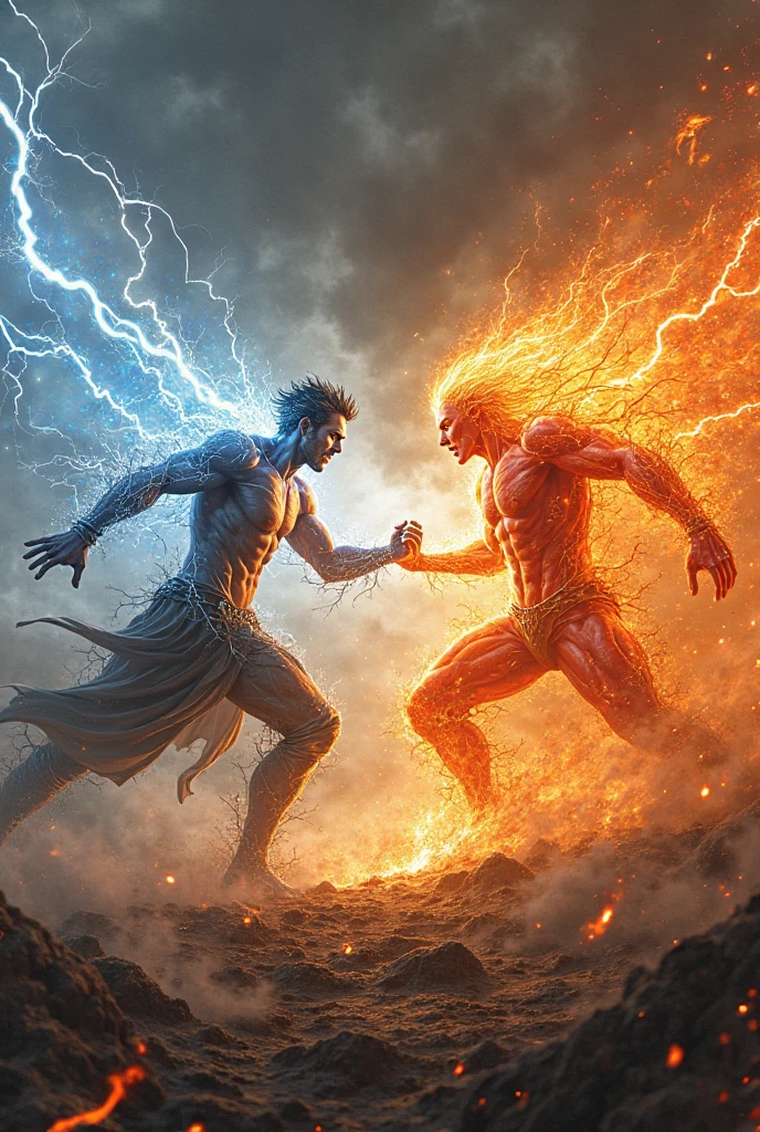 Describe the fight between the wind man and the lightning man