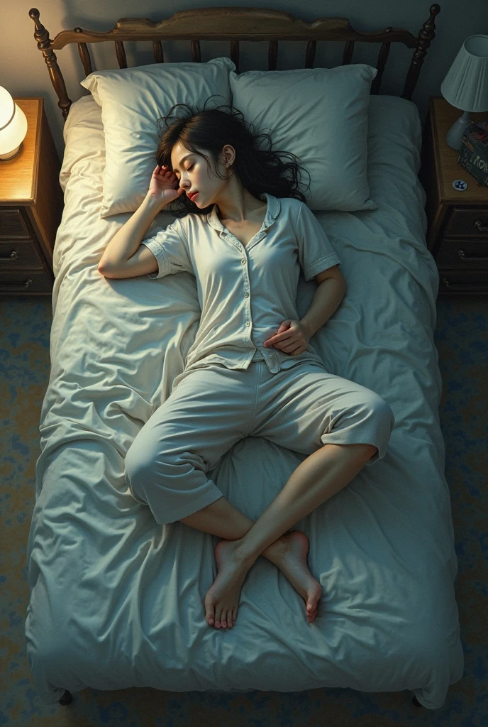 A Brazilian woman sleeping in a bed, in a position that bothers the spine, in a messy room 