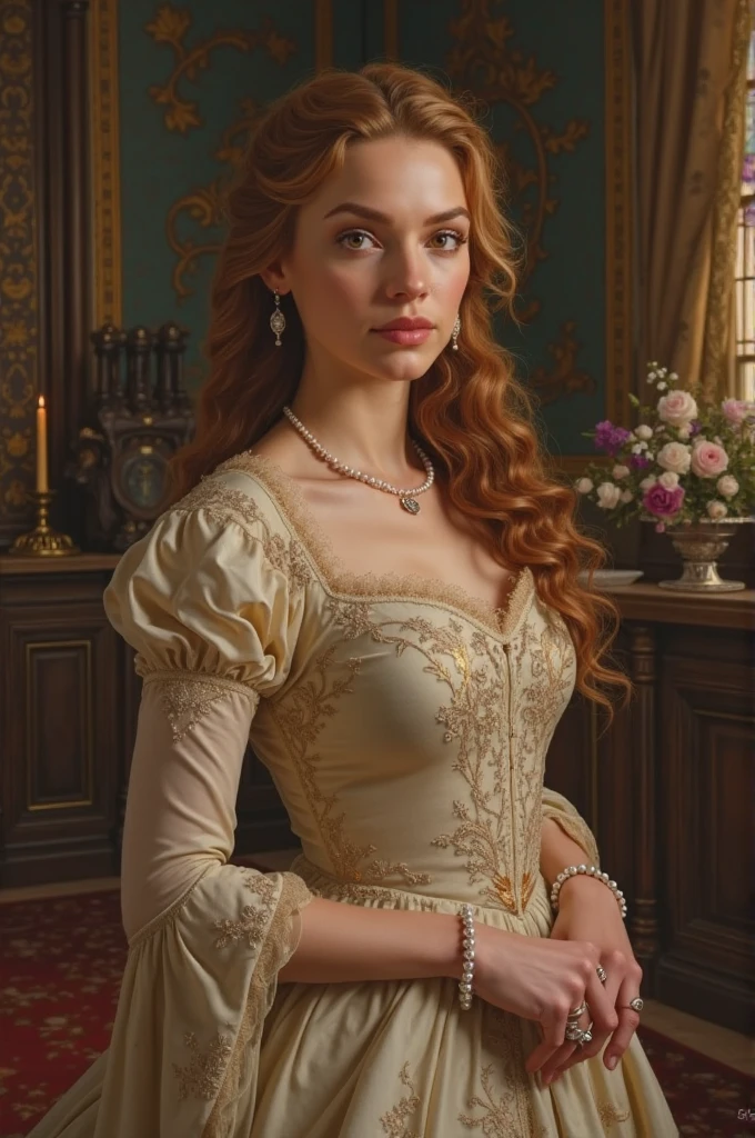 Ethereal fantasy image detailed realistic portrait of a beautiful 1950's high class young aristocrat american girl with curly auburn long blondie hair seated in a formal room in an aristocratic home, award-winning cgi