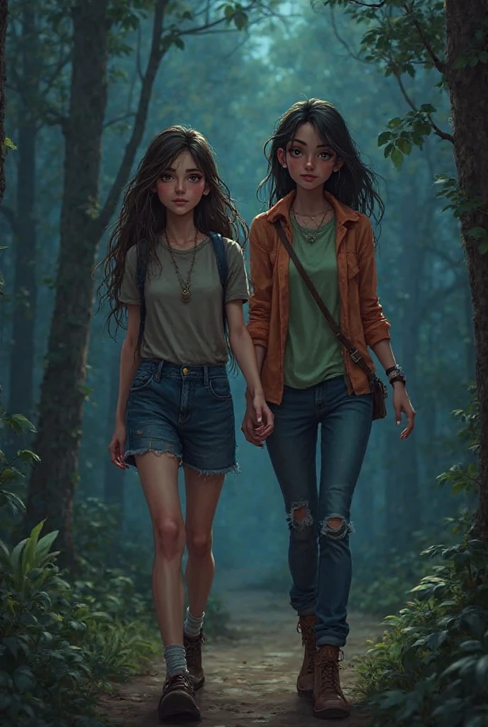 High quality realistic style, full body, single little goblin girl, green skin colored, dark purple hair and yellow eyes, using shredded and torn, clothes, bare skin, bare foot,, scouting the surroundings, curious expression, in a Forrest with fireflies and mystical lights. Night time. Closed portrait,