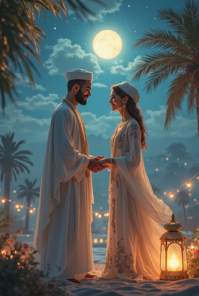I want you to create a vivid and romantic scene that takes place in the Arabian desert. The scene should include a couple passionately kissing under a beautiful full moon and stars, with a captivating blue sky as the backdrop. Make sure to mention a camel tied nearby and a bonfire burning to add to the ambiance. Use descriptive language to bring this enchanting moment to life, highlighting the serenity and beauty of the surroundings.