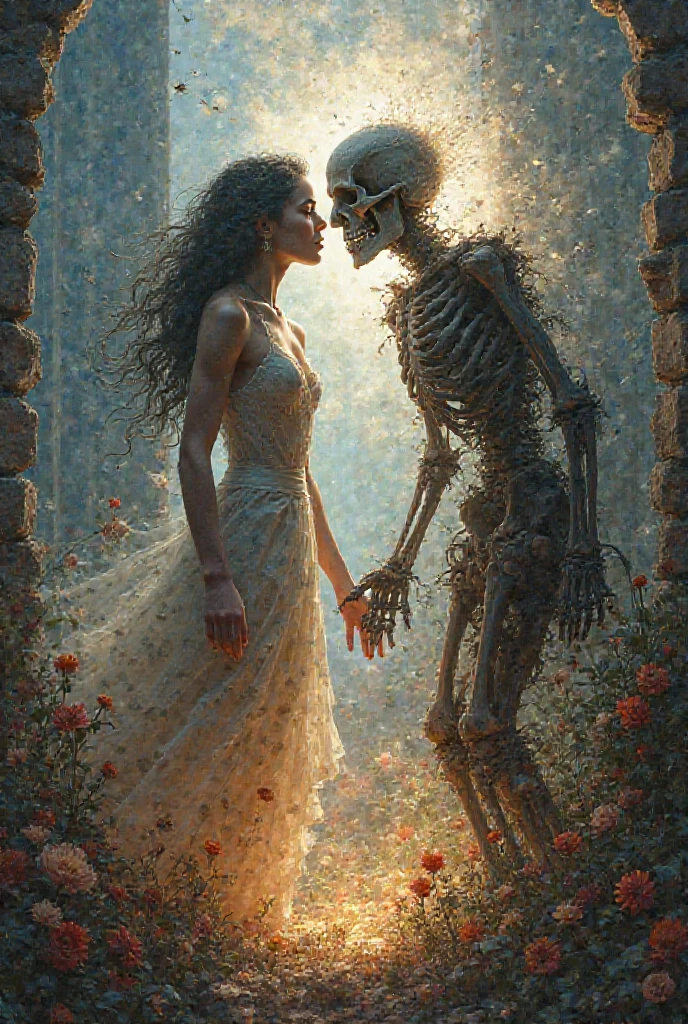 1 men, (silhouette:1.3), blackwork, painful, creepy, sheet, roses, skull, abstract, ambient lighting, (blurred background, blurred foreground, Depth of field:1.3), Swirling fog, Rainbow fog, traditional texture, dripping