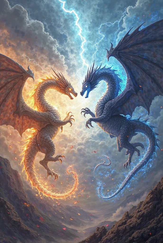 Twin dragon facing each other, the other shows light and the other shows darkness 