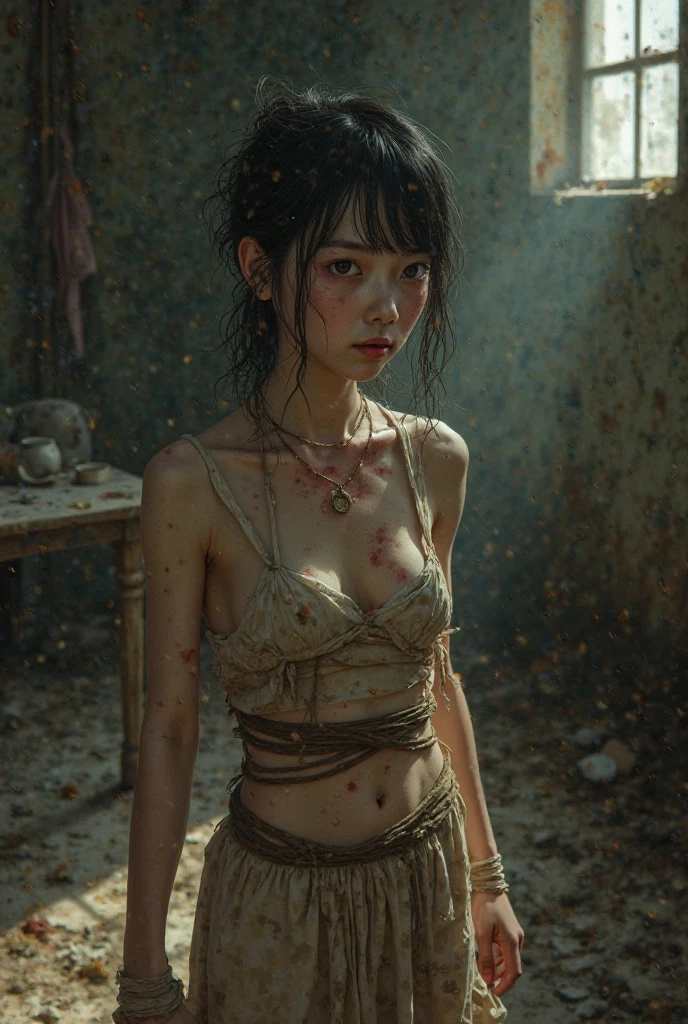 Gentle slim (skinny) girl 16 years old with an exquisite perfect very beautiful face of the southern type with large alien eyes (with dark amber hair) nude with small tender naked breasts with pink tender nipples with bare hips (in a long old brown skirt) (barefoot) in a post apocalyptic city (on another planet) (explores an abandoned library), dawn sun, (delicate mint and blue shades), (peach and golden shades), freshness and coolness of the morning, tenderness, Fantastic surroundings, (The girl is wearing electronic bracelets and rich precious jewelry on her neck and chest, bare chest), buildings and control panels, Signal lights, (old railings, dilapidated buildings), (gentle morning unclear light, Soft shades, fill light, haze, sfumato) (coffee and books), post-apocalyptic