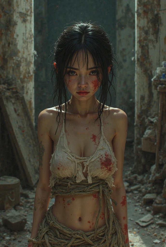 (32K:1.9, Horror expression:1.9, Highest quality, masterpiece, Ultra-high resolution), Professional random camera work, Perfect dynamic composition, Highly detailed skin and facial textures, Detailed eyes, Detailed limbs, (The Darkest Dungeon:1.3), cute, Sexy and slim Japanese woman:1.2, Fair skin, Tilt your head, (5 Zombies:1.7, Zombie touching a woman:2.0, Raindrops falling from the ceiling:1.5), (Breasts so big that they almost burst, areola is not visible, Big cleavage, A look of despair:1.3, Expression of despair:1.3, Totally captivates you, Pure white camisole dress:1.5), Beautiful Blue Eyes, Beautiful erotic eyes, Sexy Face, blush, Beautiful sensual atmosphere, ((Bloody:2.0, Covered in bruises:2.0, Bruises on the face:2.0, Lots of big chains:1.9, Crucified:1.9, Countless chains tangled in clothes:1.9, His right arm is attached to a cross:1.9, The left arm is attached to a cross:1.9, Both hands are chained、Tied tightly to the cross, The right leg is bound with a shackle and chain:1.9, The left leg is bound with a shackle and chain:1.9)), (Too erotic)