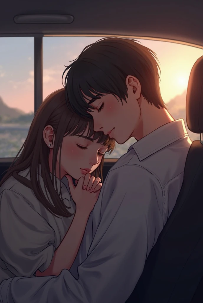 ((Top Quality)), ((Photorealistic)), Natural, ultra high res, Super Detail, Ultra Detailed, Detailed Skin, Sharp Focus, bokeh, Low Contrast, Lowest Brightness, depth of field, 1 girl, (from Head to Toe), Japanese, young, baby face, Smooth skin, Without Makeup, long hair, (brown hair), black eyes, closed eyes, (off shoulder, school summer uniform, downblouse), (medium breasts), (sitting and sleeping in the train), (in train), (perfect anatomy)