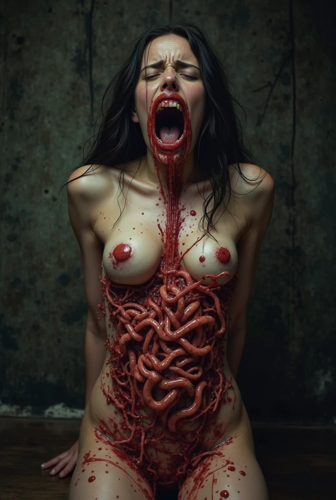 Witch woman with very very pale skin with very black and red veins all over her body in a terrifying way, cadaverous appearance. sapphire blue eyes and jet black hair. downcast expression while standing in front of a mirror and pregnant. She is thin and with tears 