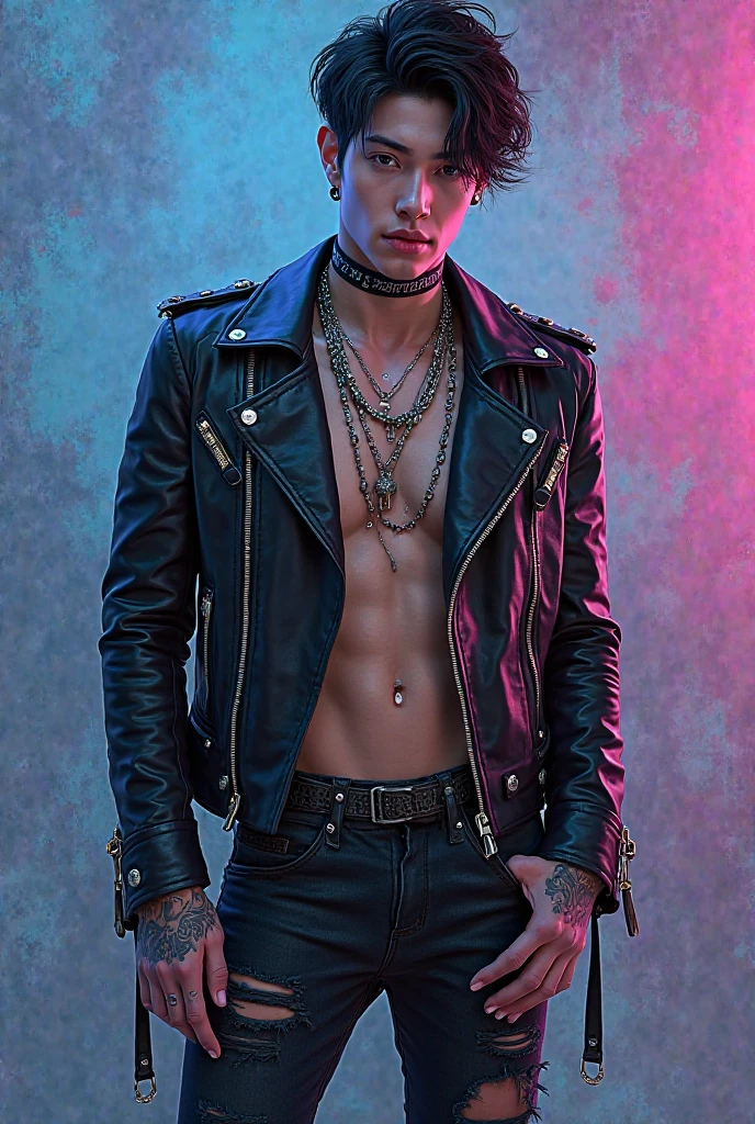 Jonny Gray 25-year-old boy with open black jacket, blue t-shirt with snow print, short black hair, punk style, yellow locks, black jeans, green eyes, black leather belt, silver buckle, slim muscular build, cross medallion, silver bracelet, looking straight at the viewer