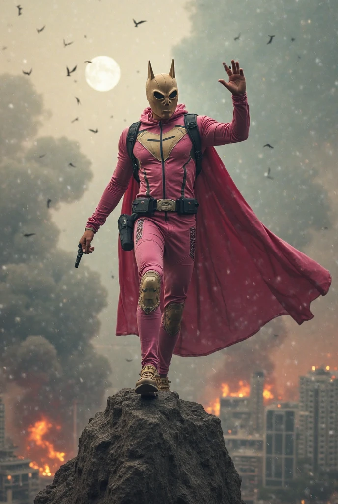 Malaysia man in high-tech suit, vivid effects, malaysian superhero(( (KELUANG MAN)) in a striking pink and brown beige costume cyberpunk design((, mask small mini bat ear beige,)) daredevil beige mask, jumpsuit dark pink stands confidently in a dramatic.jumping from high place.hero costume.one hand rise up. (Big triangle logo on the chest.high detail Punisher logo on the chest)). jumping from hight place. Fighting pose , stormy landscape. ((Head covered node guard like batman. Running pose , athletic body type, small mini ear bat mask))The character wears domino mask a helmet with pointed mini torn ears and a flowing cape biege, open nose and mouth. Equipped with visible futuristic weapons on a belt,bullet proof jacket pink dark day.show fingers pose, dark night, big supermoon effect . Small logo on chest triangle shape small ((mitch gerads punisher ))logo center triangle cyber logo center on chest pink logo mini logo Casey Jones mask on the logo on chest. )). rocky. Building top.smoke ground , bomb effect background, losse pants, losses costume.adding to --ar 3:4 --style raw --stylize 500 --v 6.1. chaos. Lot of small flying bat. One leg on the high stone. Man. Backpack . Real man age 40 year old. One hand holding belt. Jump from high place. Open cape.