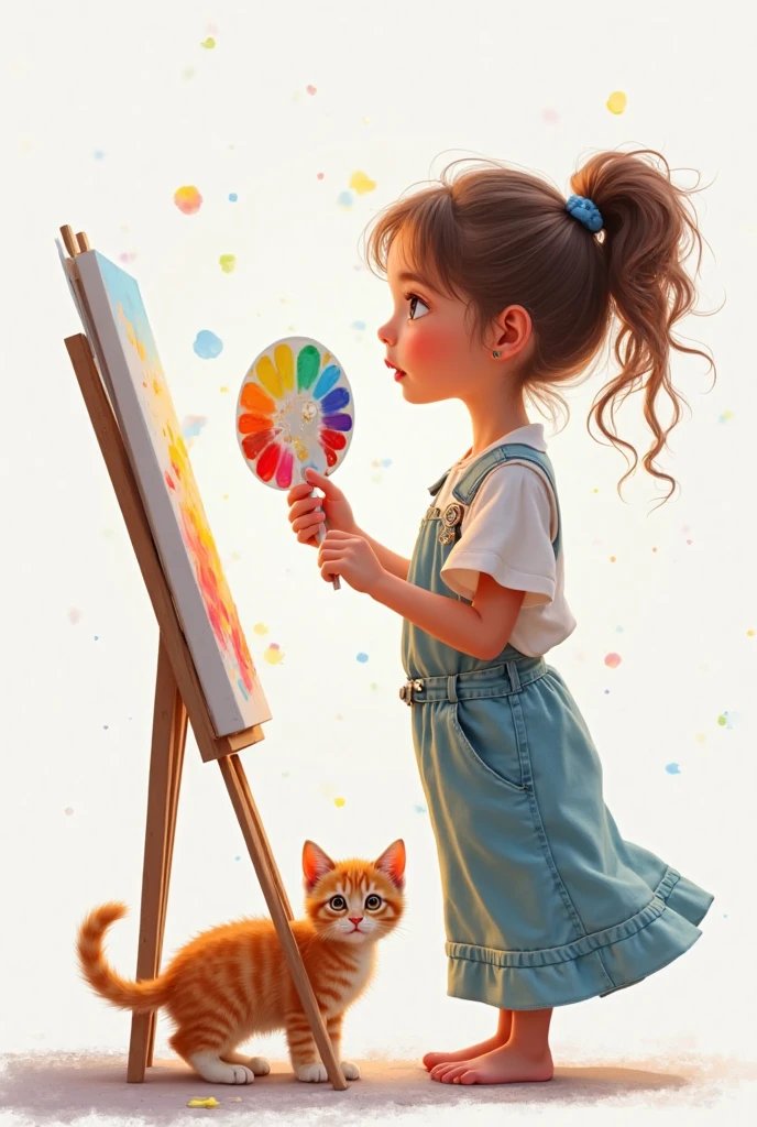 3d pixar style animation, 18 year old girl, artist, thin, white skin, long light brown hair, painting a canvas, surrounded by kittens in the room, with an aquarium with fish