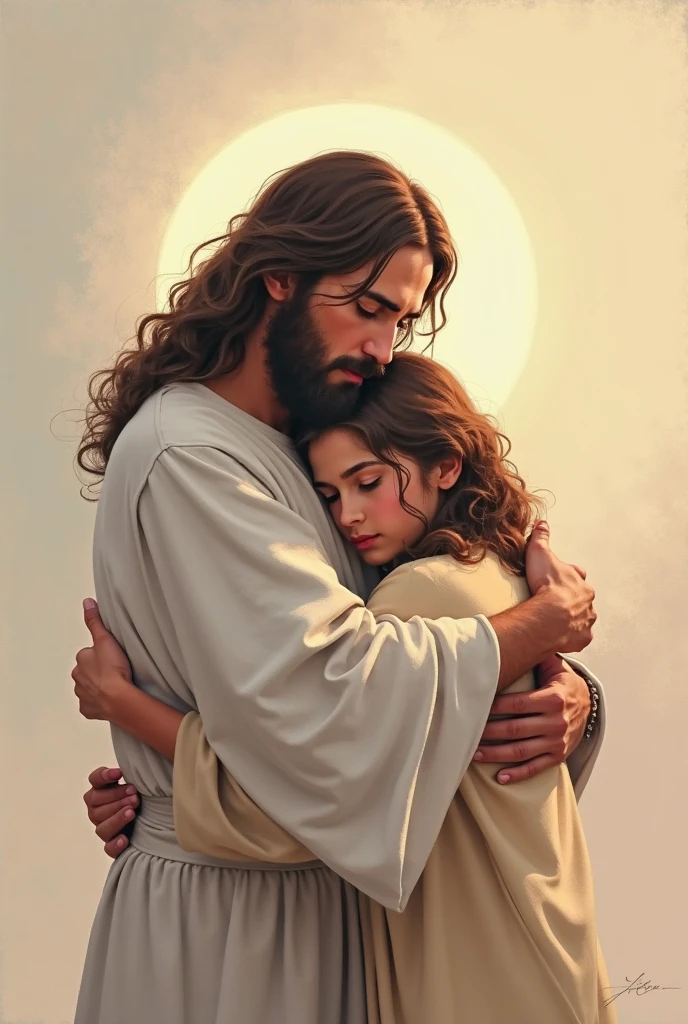 a painting of a man and a girl embracing, jesus hugging a woman, !, beautiful depiction, beautiful image ever created, quadro emocional, obra-prima muito bonita, foto muito bonita, pai, Jesus, Jesus Cristo, with a kid, reconfortante, bela obra-prima, Beautiful!!!, O Senhor e Salvador, Directed by: Willy Bo Richardson